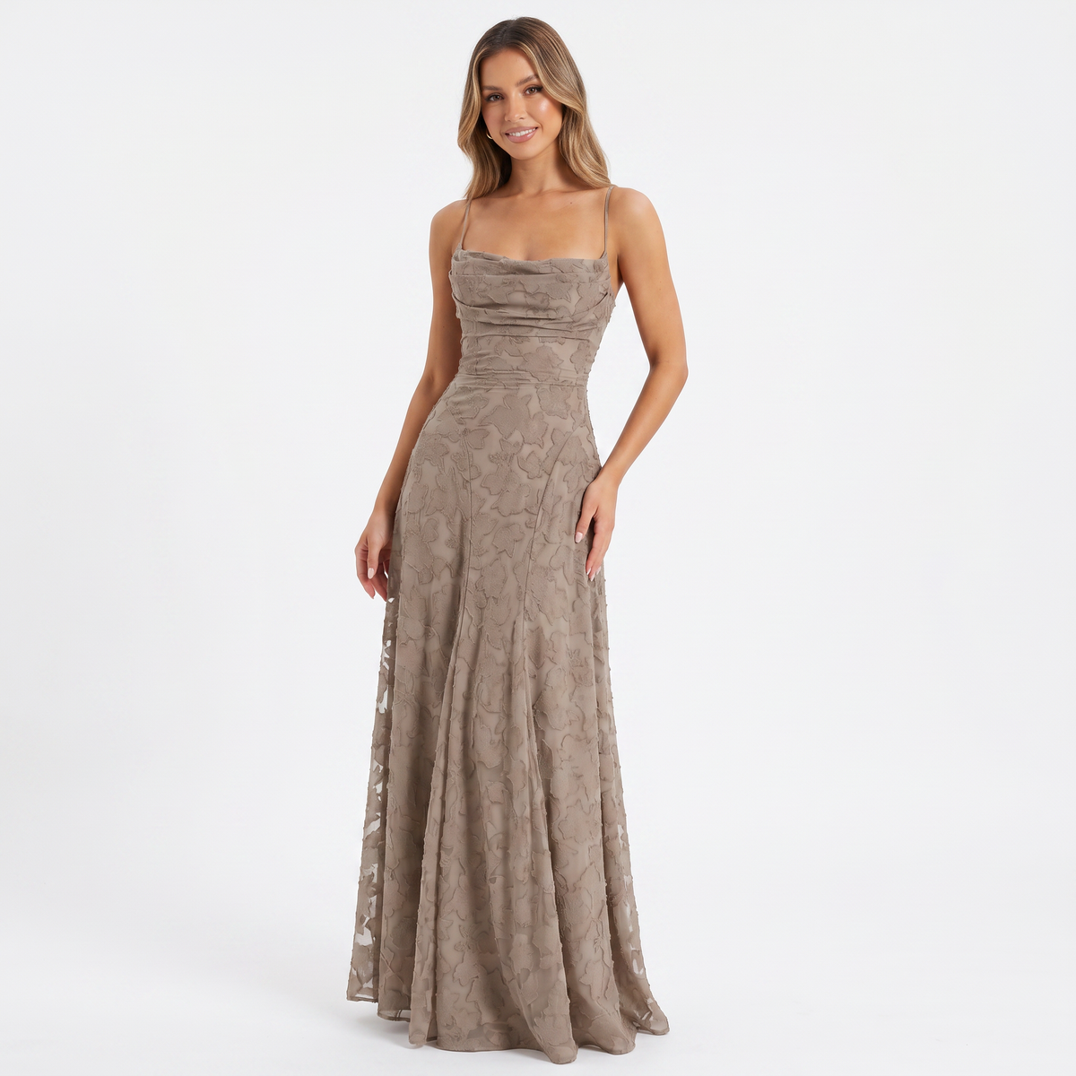 Women's 3D Floral Applique Maxi Dress Spaghetti Strap Square Neck A-Line Bridal Gown