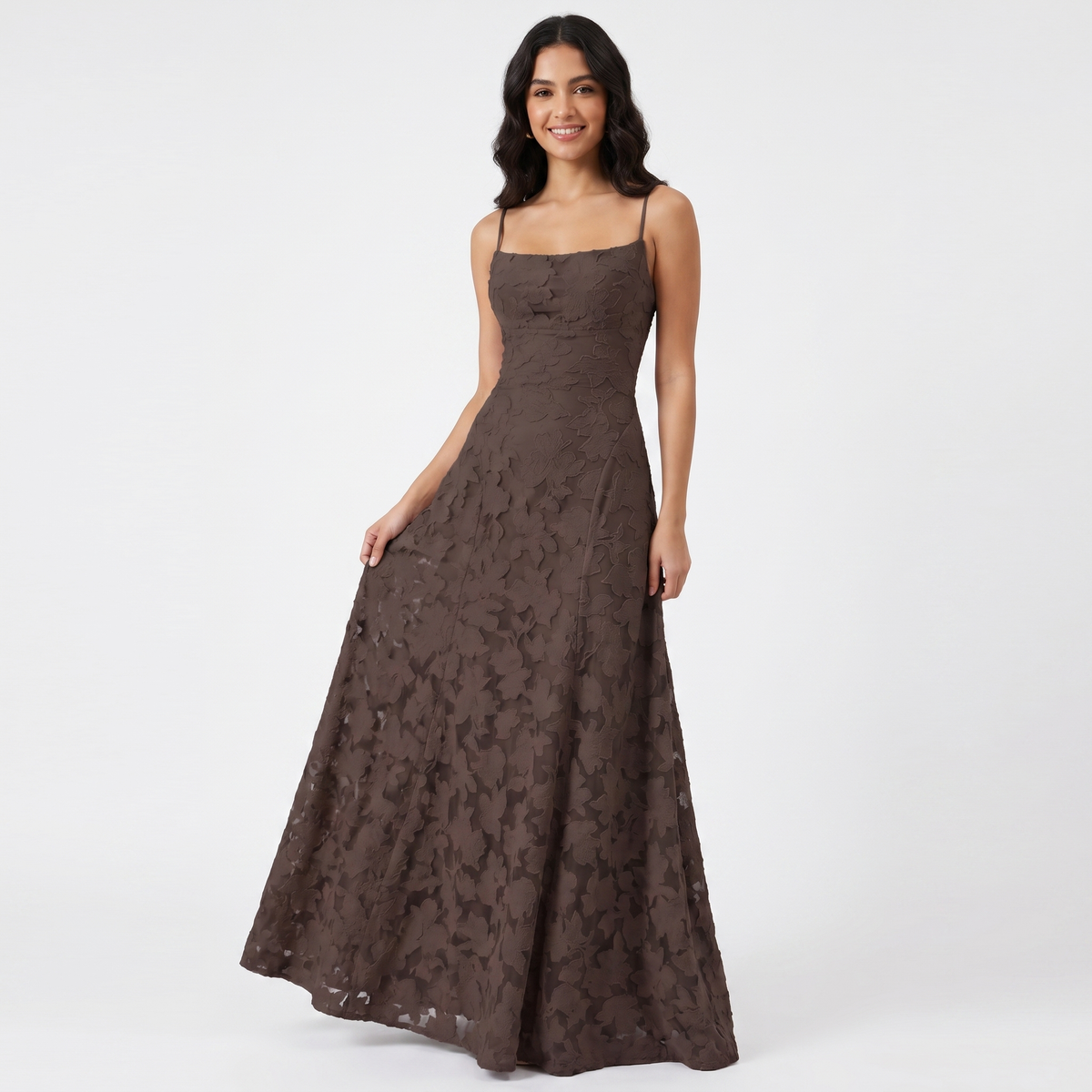 Women's 3D Floral Applique Maxi Dress Spaghetti Strap Square Neck A-Line Bridal Gown
