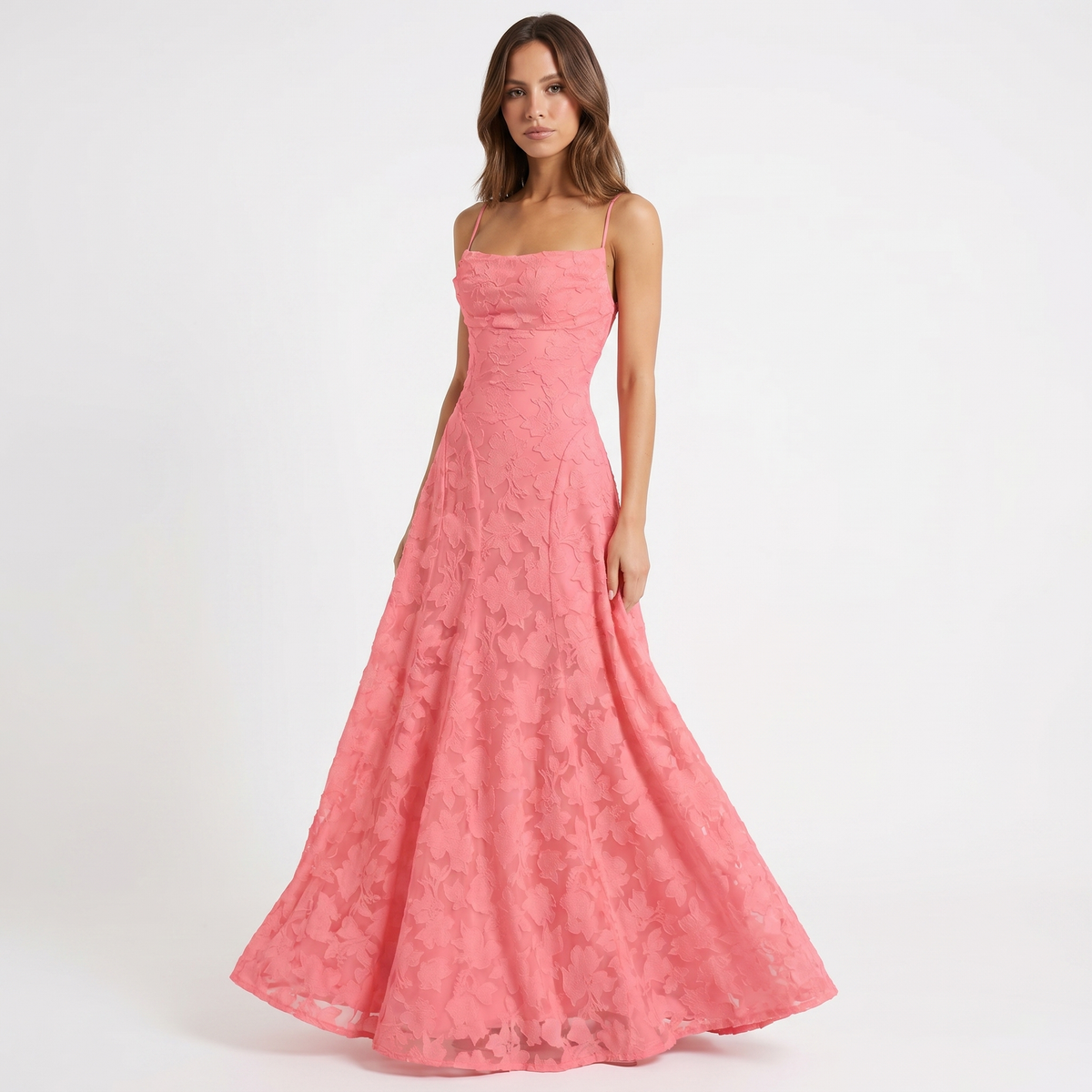 Women's 3D Floral Applique Maxi Dress Spaghetti Strap Square Neck A-Line Bridal Gown