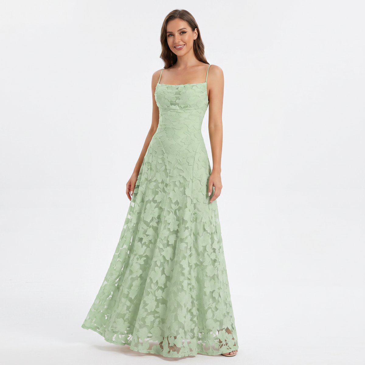 Women's 3D Floral Applique Maxi Dress Spaghetti Strap Square Neck A-Line Bridal Gown