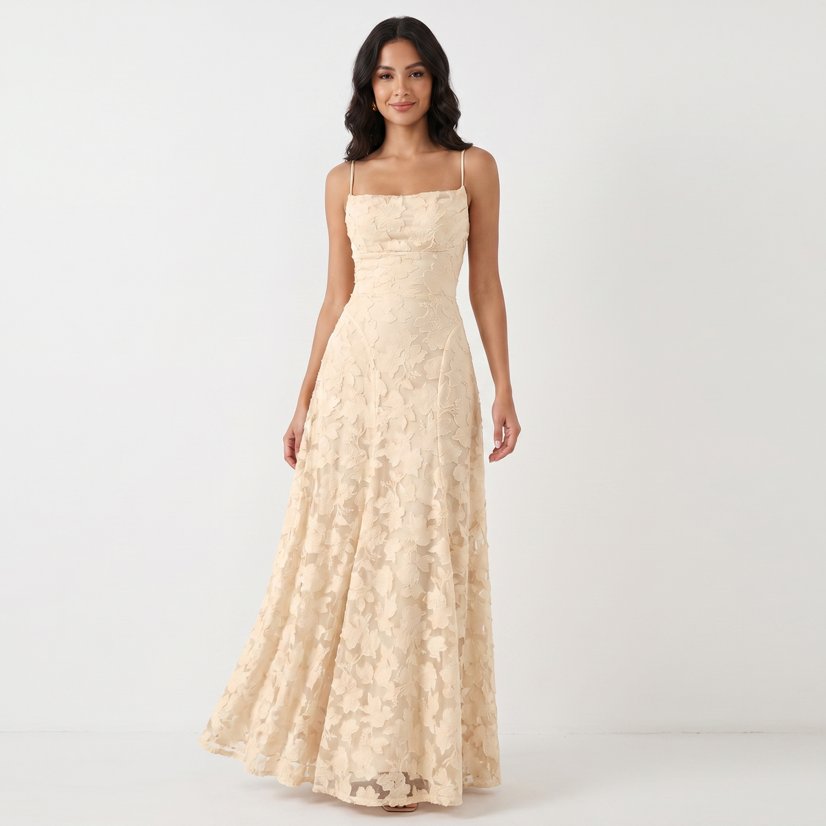 Women's 3D Floral Applique Maxi Dress Spaghetti Strap Square Neck A-Line Bridal Gown