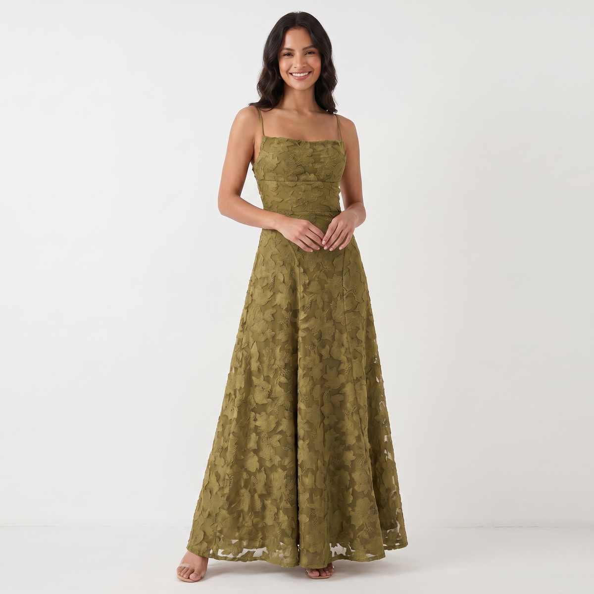 Women's 3D Floral Applique Maxi Dress Spaghetti Strap Square Neck A-Line Bridal Gown