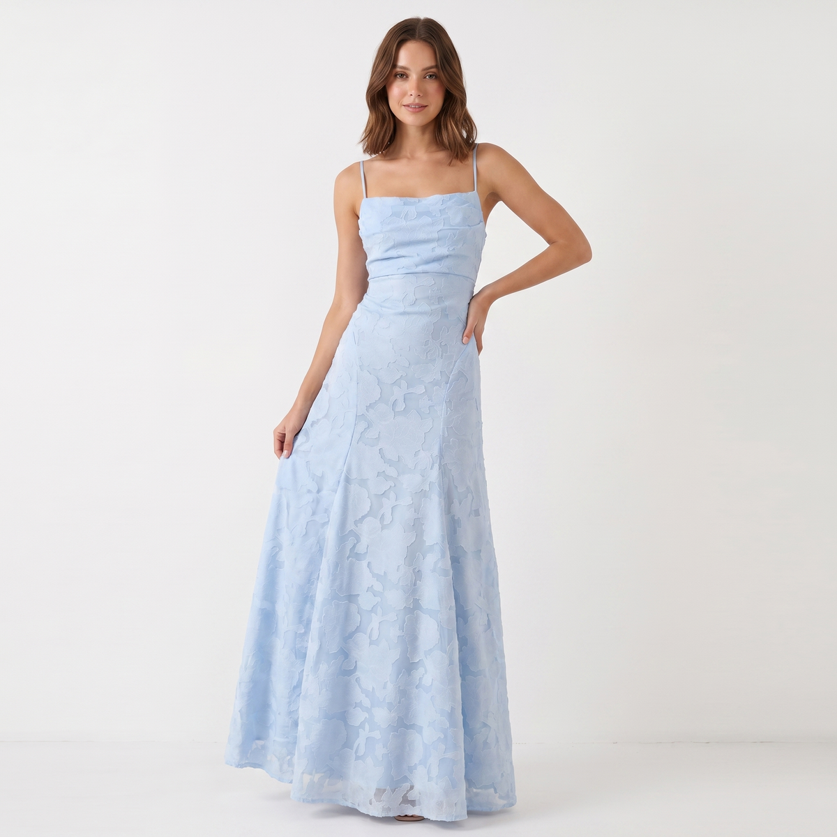Women's 3D Floral Applique Maxi Dress Spaghetti Strap Square Neck A-Line Bridal Gown