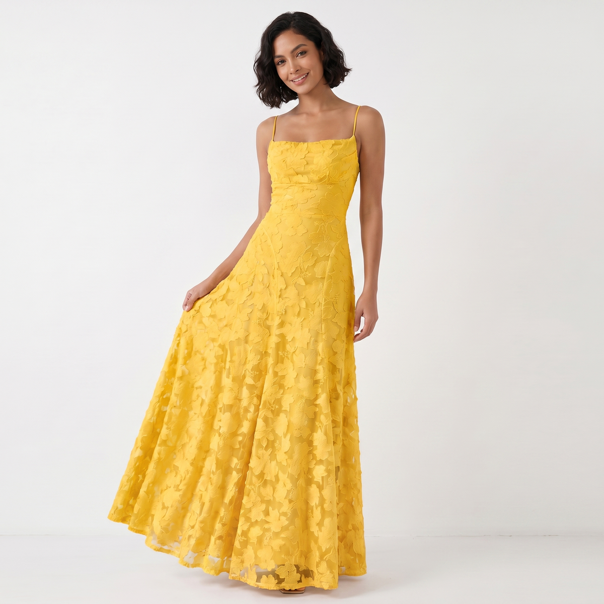 Women's 3D Floral Applique Maxi Dress Spaghetti Strap Square Neck A-Line Bridal Gown