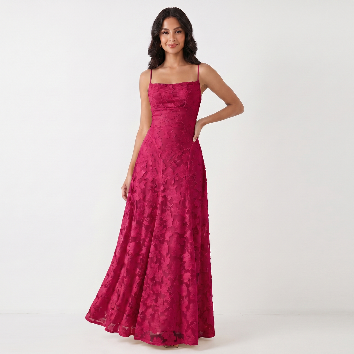 Women's 3D Floral Applique Maxi Dress Spaghetti Strap Square Neck A-Line Bridal Gown