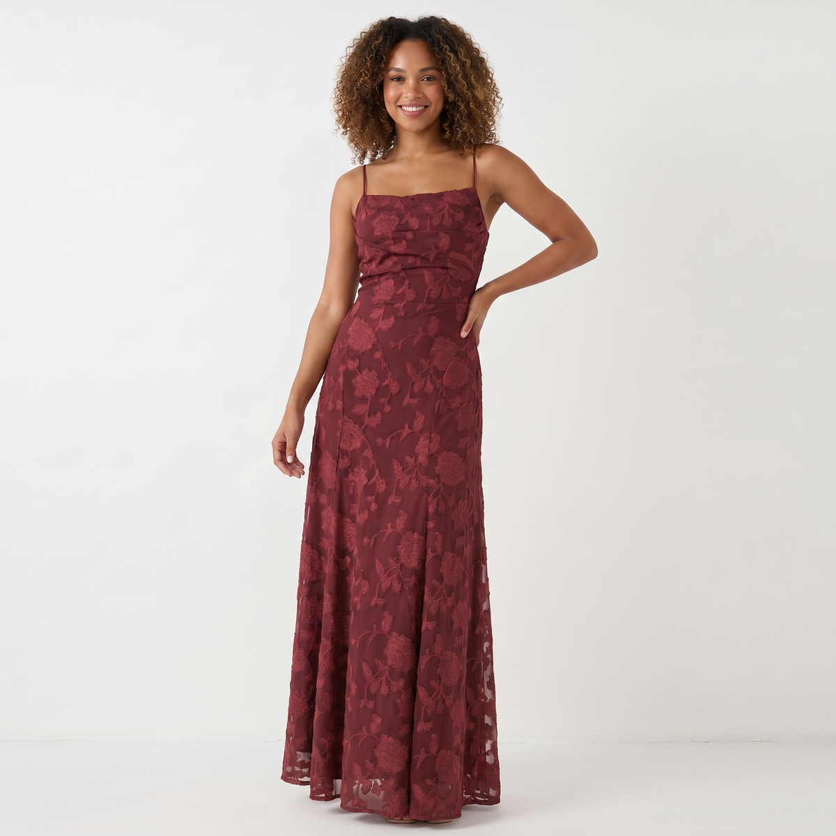 Women's 3D Floral Applique Maxi Dress Spaghetti Strap Square Neck A-Line Bridal Gown