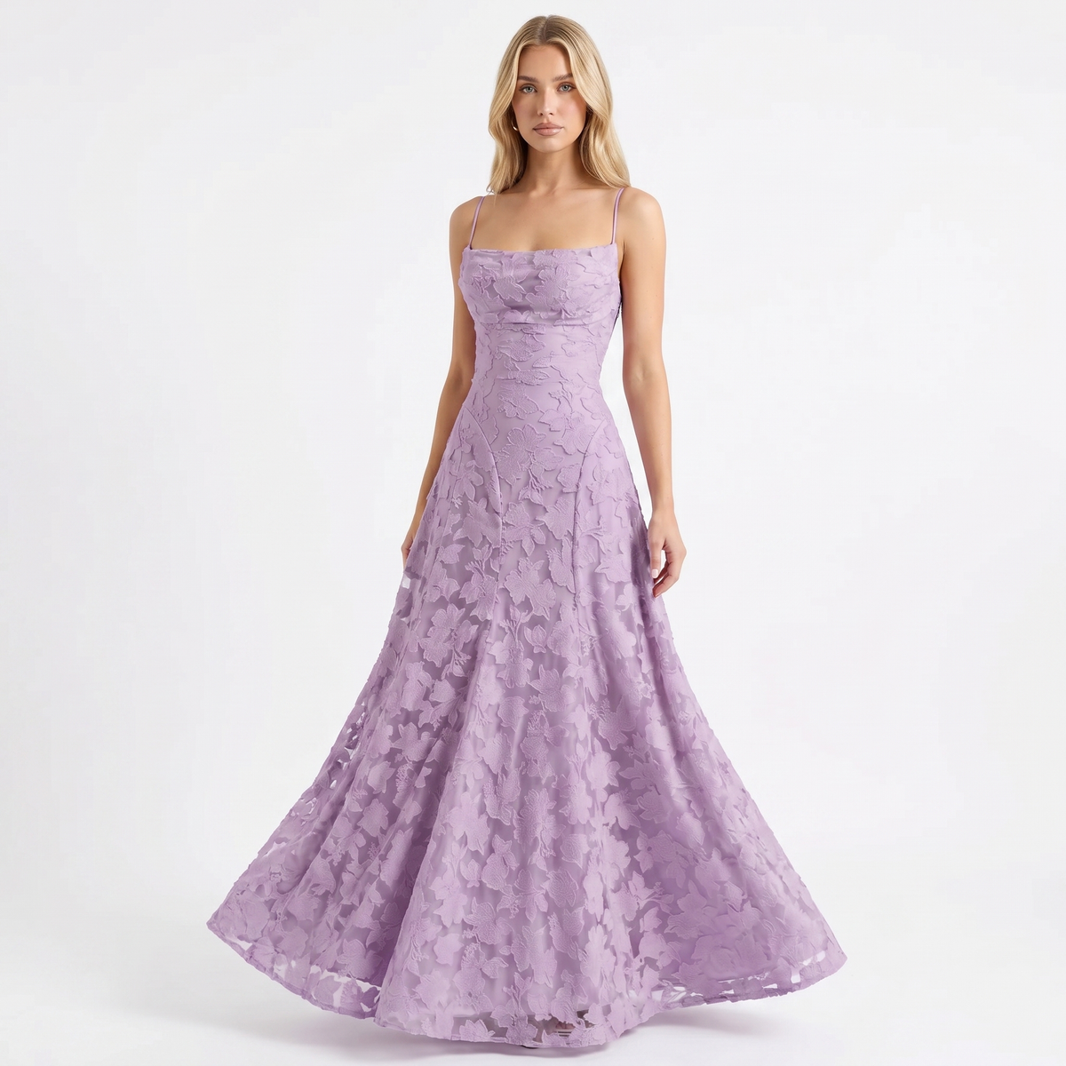 Women's 3D Floral Applique Maxi Dress Spaghetti Strap Square Neck A-Line Bridal Gown