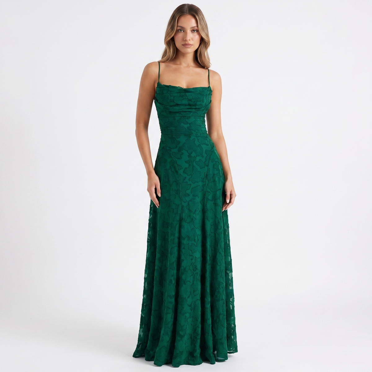 Women's 3D Floral Applique Maxi Dress Spaghetti Strap Square Neck A-Line Bridal Gown