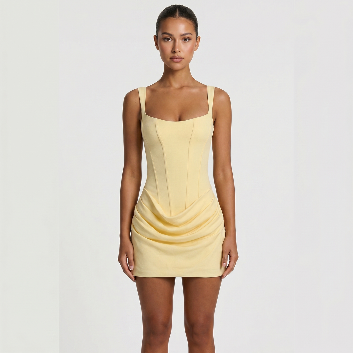 Women's Corset Bodice Draped Skirt Mini Dress Square Neck Sleeveless Party Dress