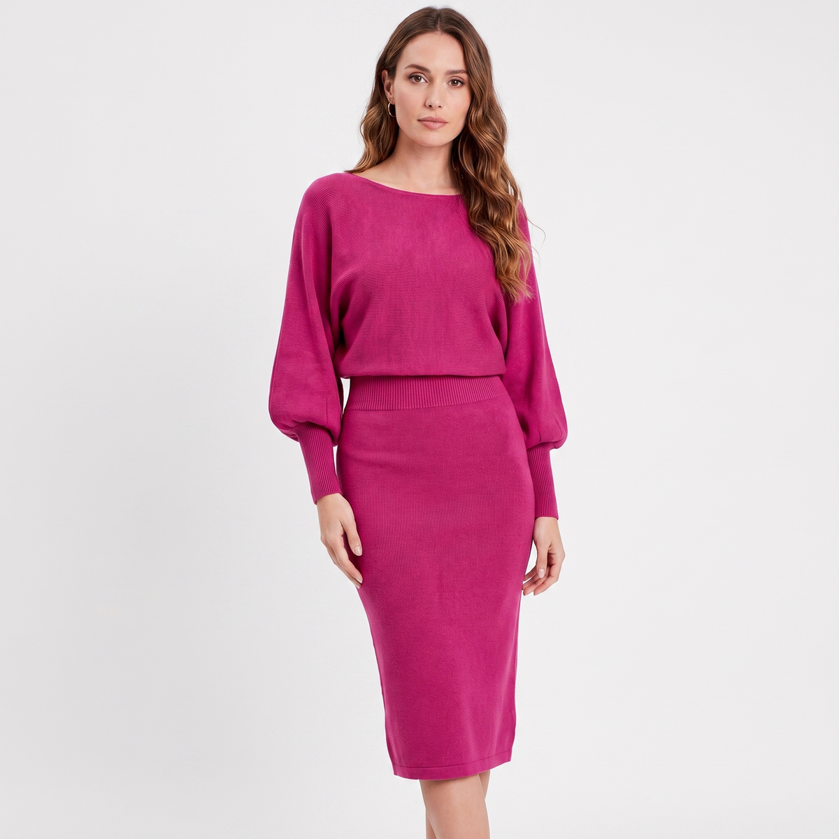Women's Knit Batwing Sleeve Midi Dress Blouson Bodice Ribbed Bodycon Elegant