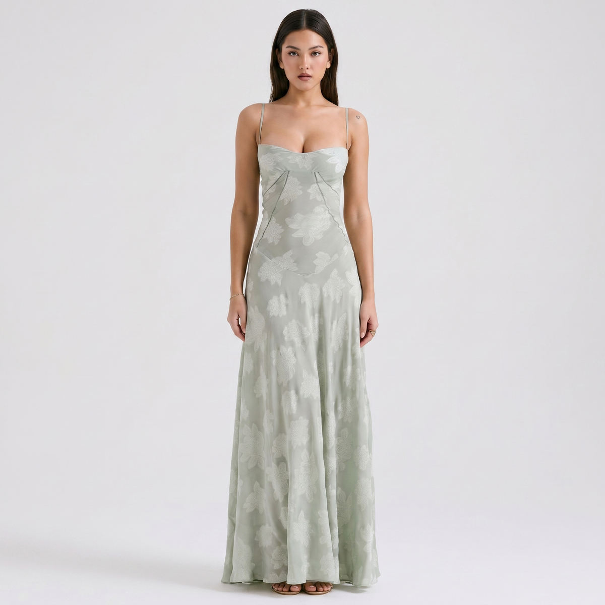 Women's Spaghetti Strap Corset Panel Maxi Dress A-Line Satin Formal