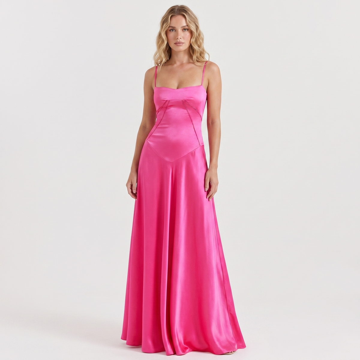 Women's Spaghetti Strap Corset Panel Maxi Dress A-Line Satin Formal