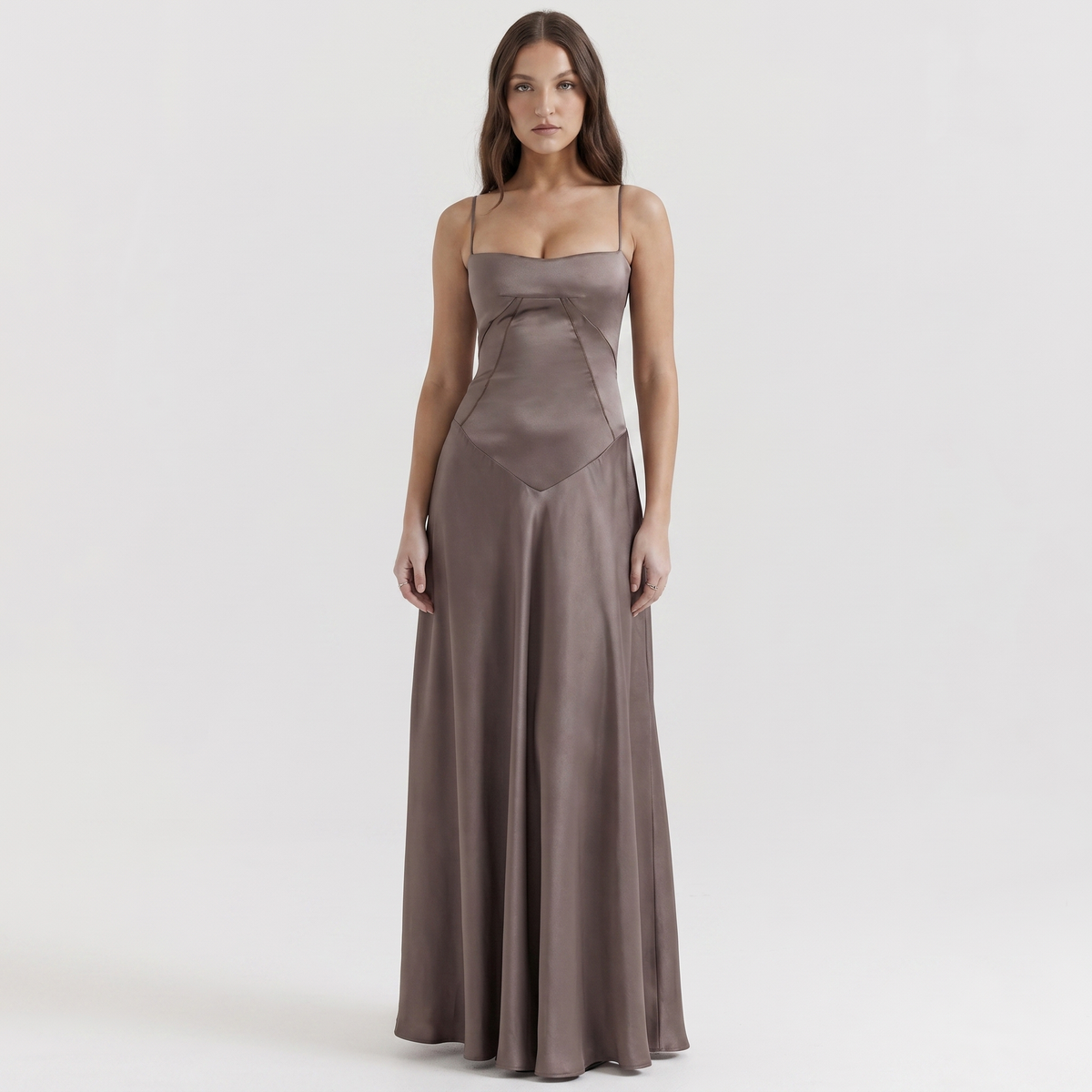 Women's Spaghetti Strap Corset Panel Maxi Dress A-Line Satin Formal