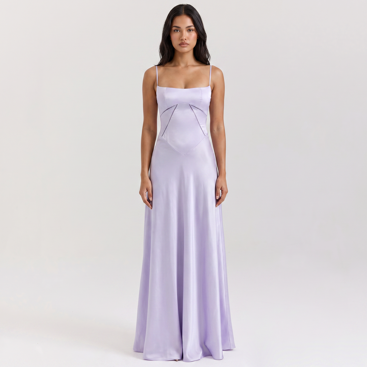 Women's Spaghetti Strap Corset Panel Maxi Dress A-Line Satin Formal