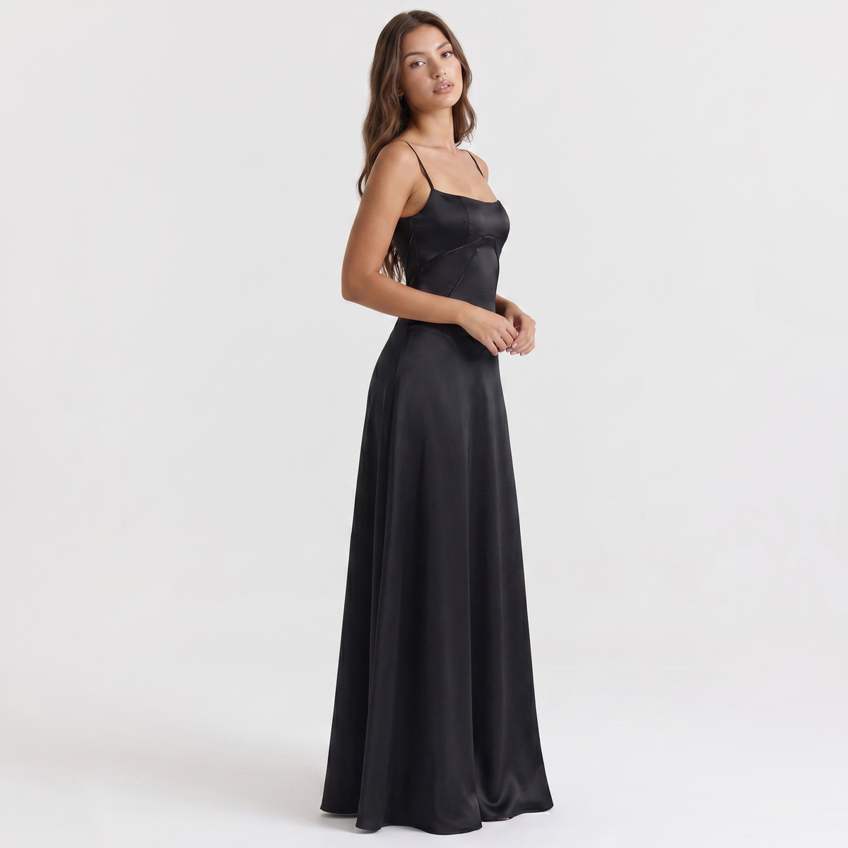 Women's Spaghetti Strap Corset Panel Maxi Dress A-Line Satin Formal