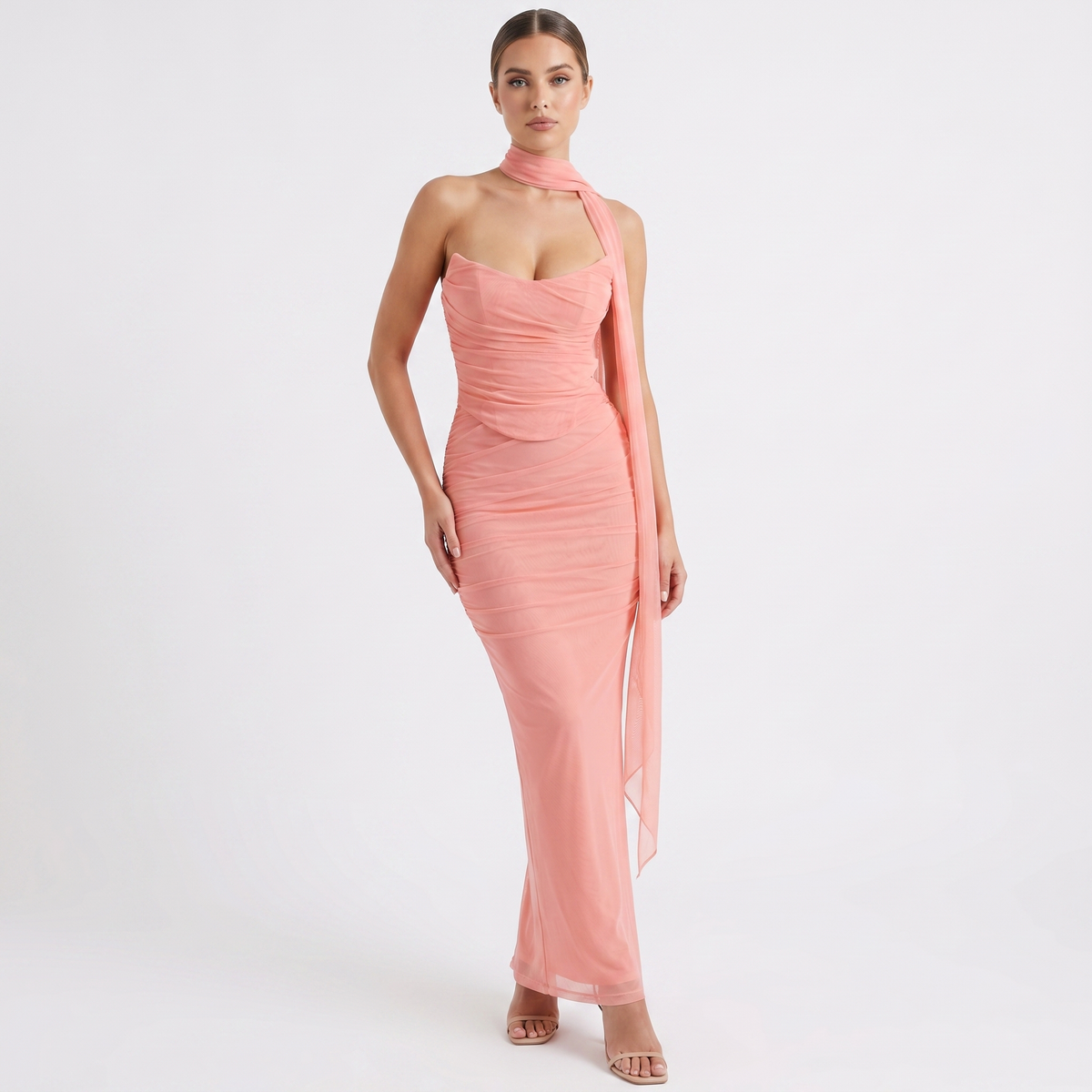 Women's Mesh Ruched Bodycon Maxi Dress Scarf Neck Sweetheart Formal