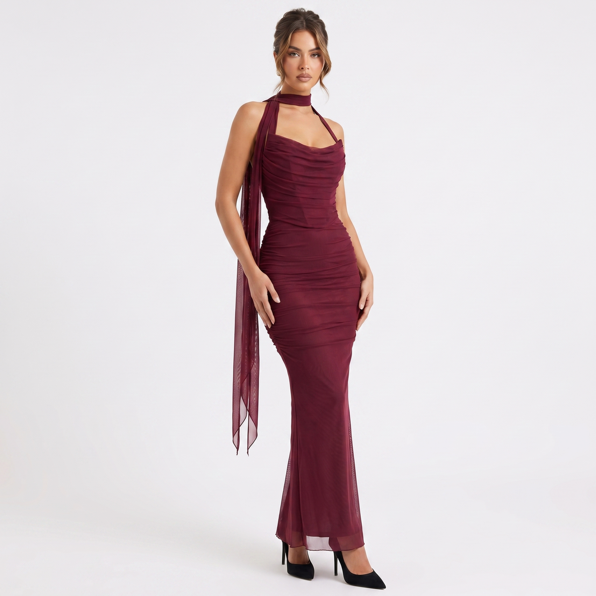 Women's Mesh Ruched Bodycon Maxi Dress Scarf Neck Sweetheart Formal