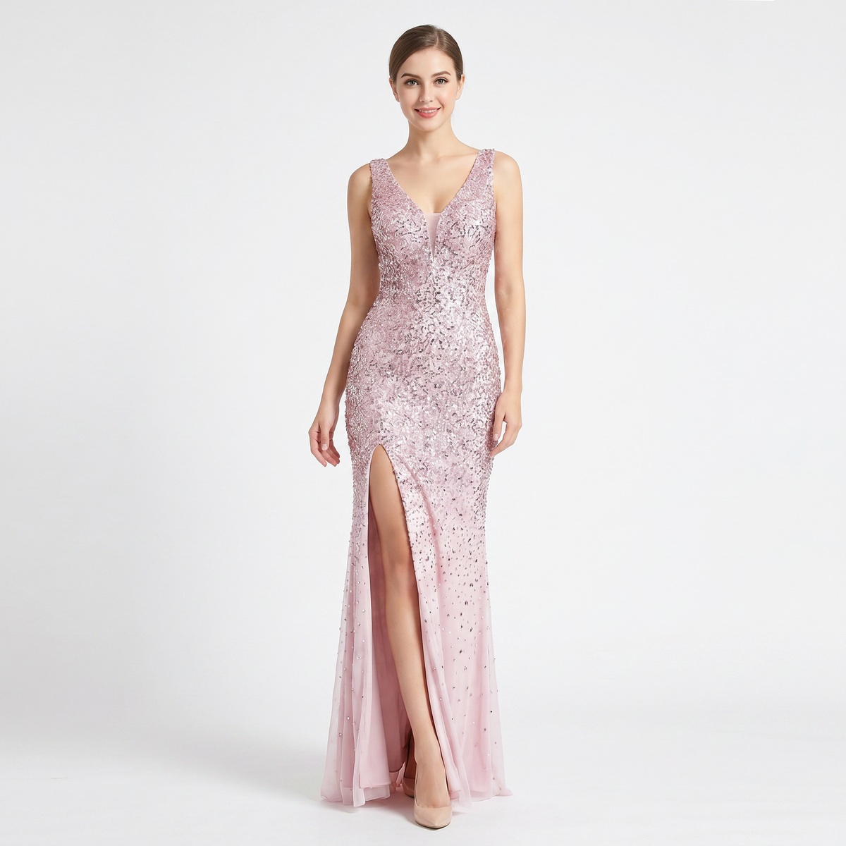 Women's Sequin Mesh Mermaid Maxi Dress Deep V Neck Illusion Side Split