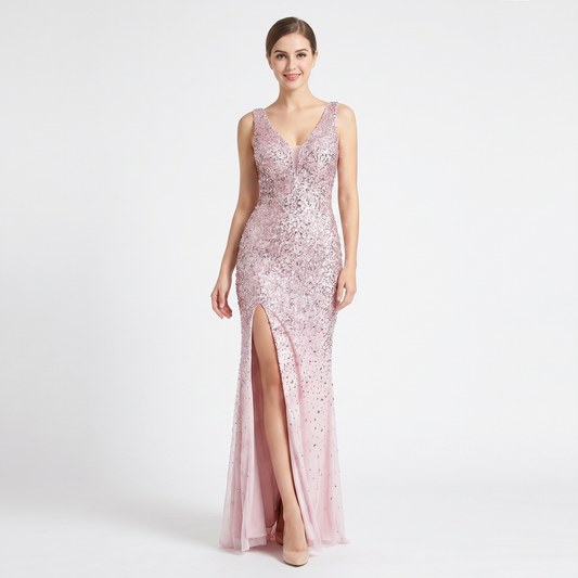 Women's Sequin Mesh Mermaid Maxi Dress Deep V Neck Illusion Side Split
