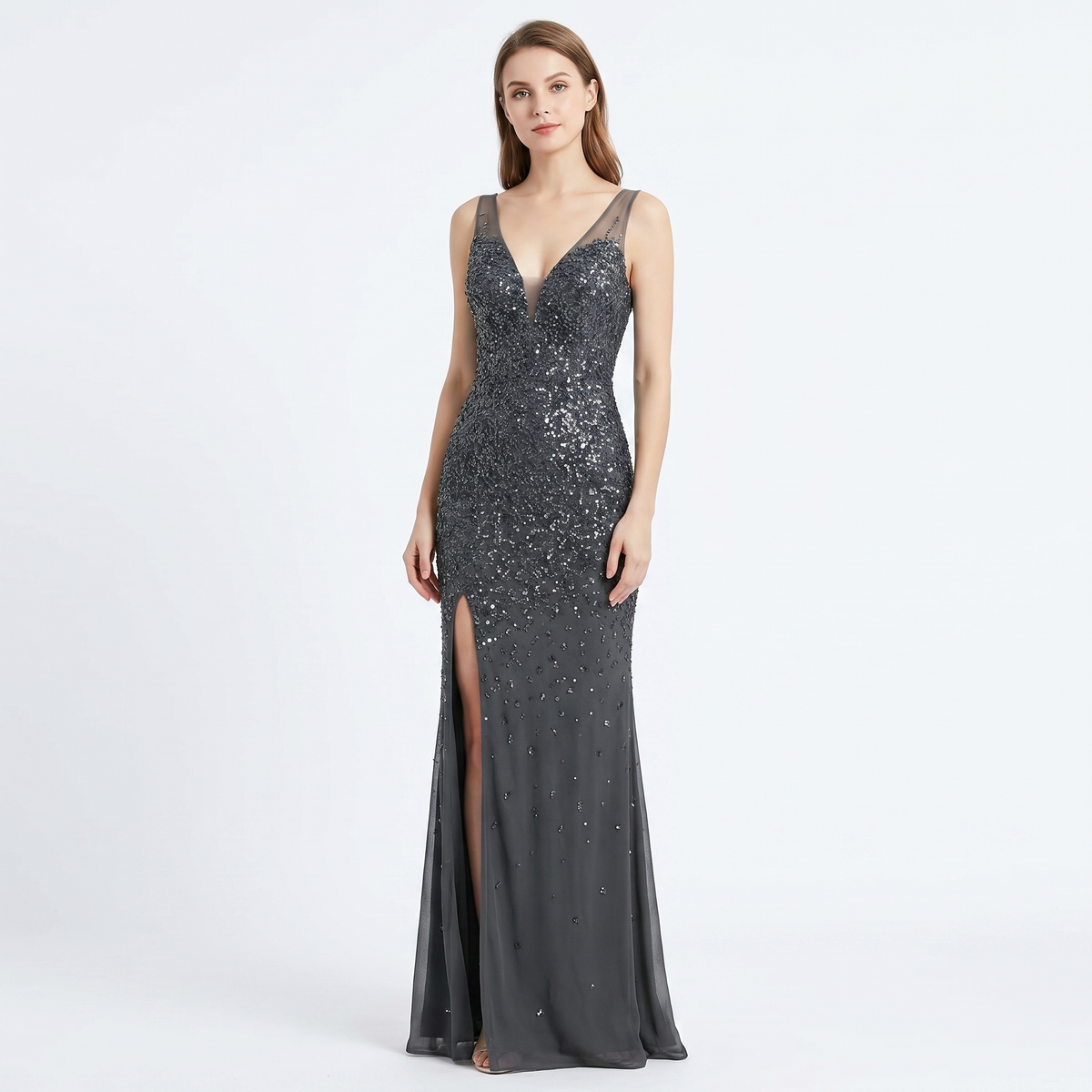 Women's Sequin Mesh Mermaid Maxi Dress Deep V Neck Illusion Side Split