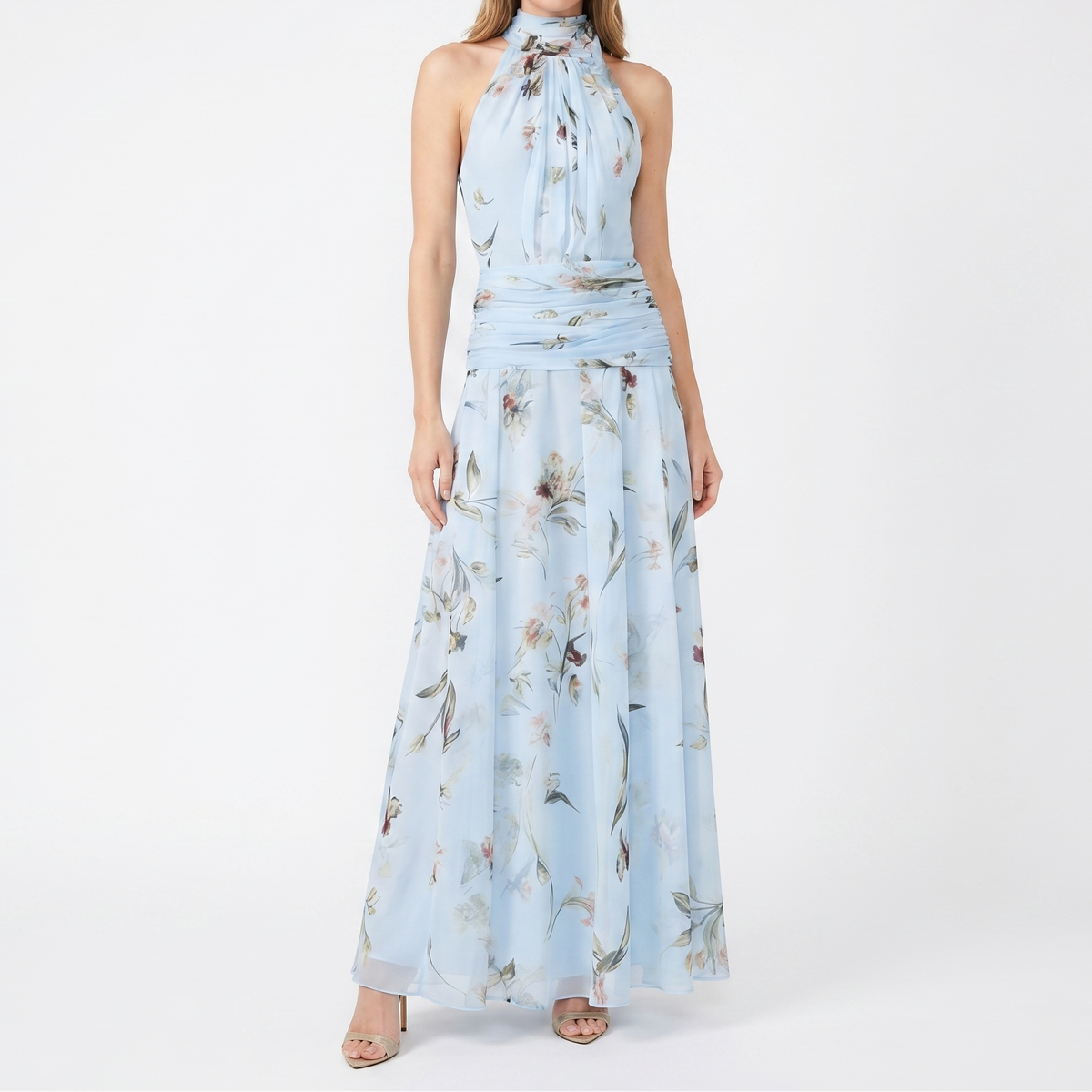 Women's Floral Maxi Dress Halter Neck Ruched Waist Chiffon Formal