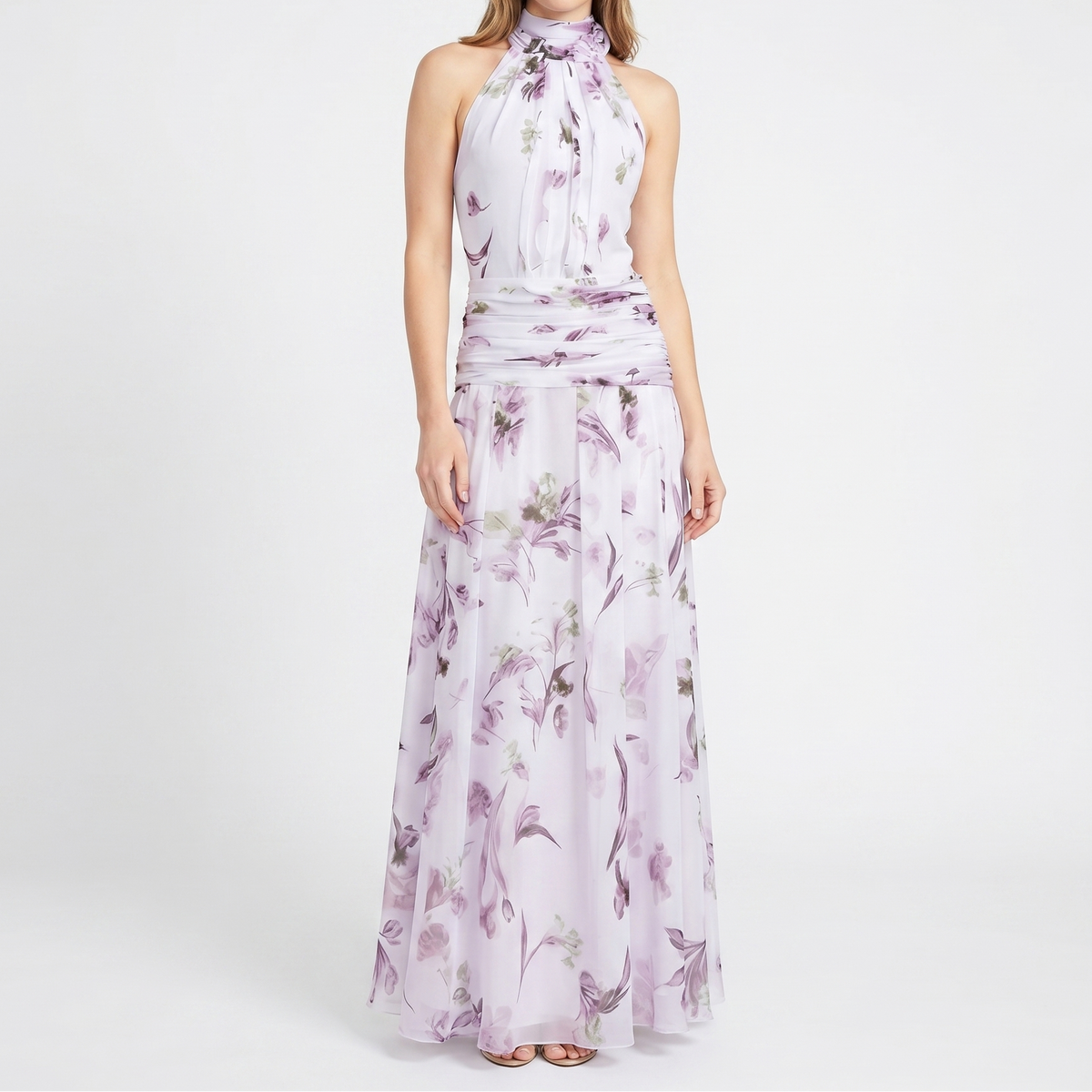 Women's Floral Maxi Dress Halter Neck Ruched Waist Chiffon Formal