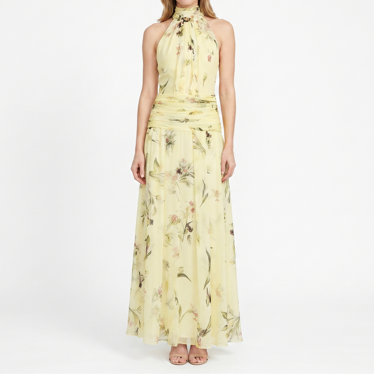 Women's Floral Maxi Dress Halter Neck Ruched Waist Chiffon Formal
