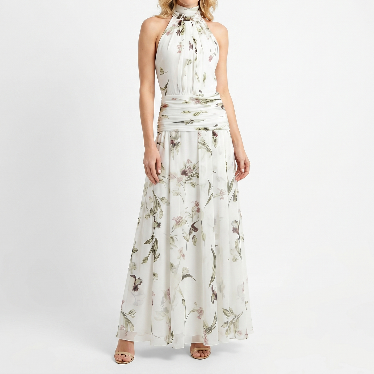 Women's Floral Maxi Dress Halter Neck Ruched Waist Chiffon Formal