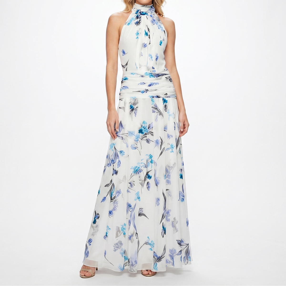 Women's Floral Maxi Dress Halter Neck Ruched Waist Chiffon Formal