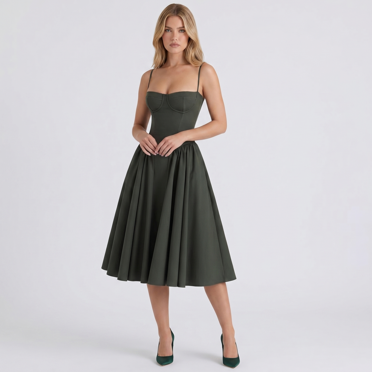 Women's Bustier Corset Midi Dress Spaghetti Strap Full Skirt A-Line