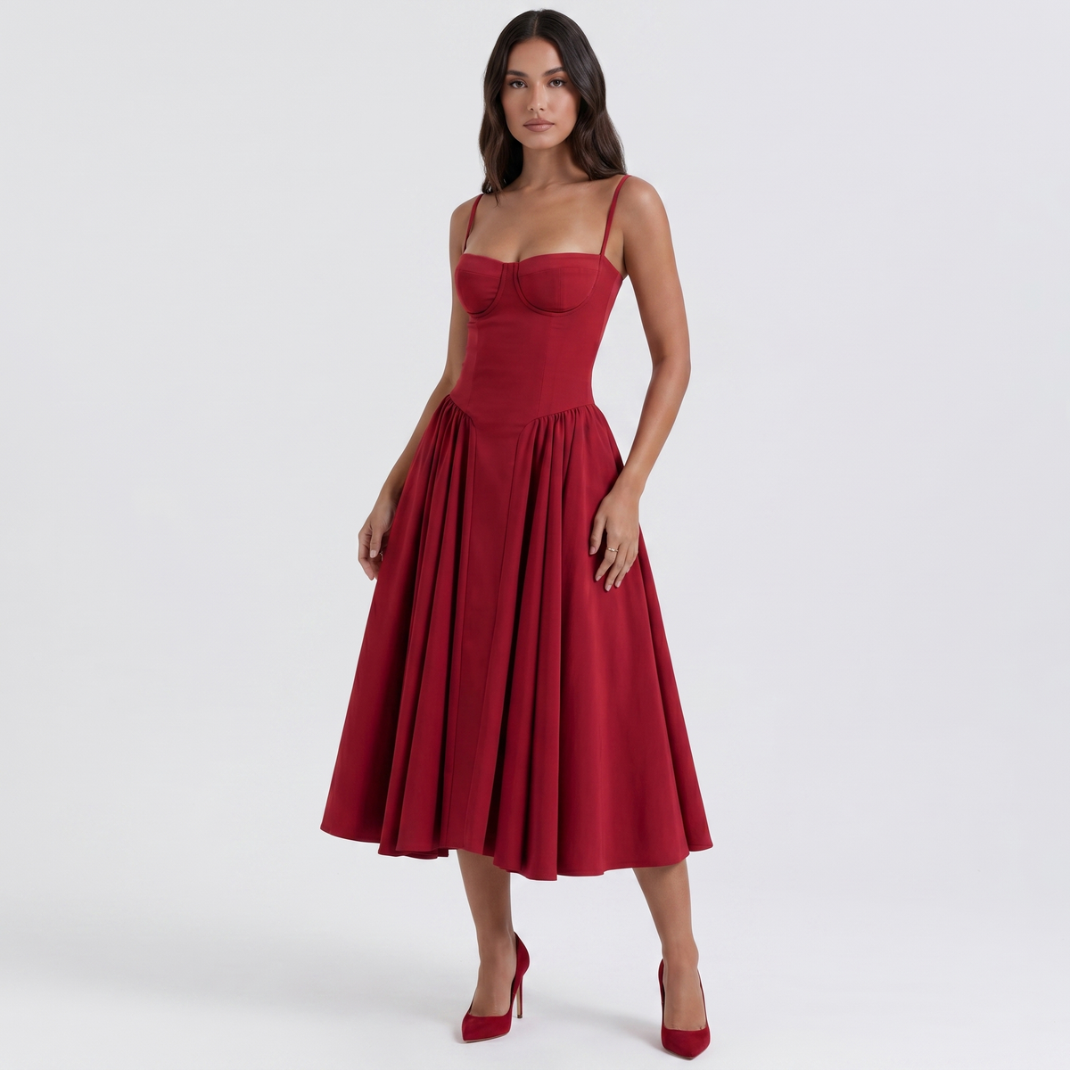 Women's Bustier Corset Midi Dress Spaghetti Strap Full Skirt A-Line