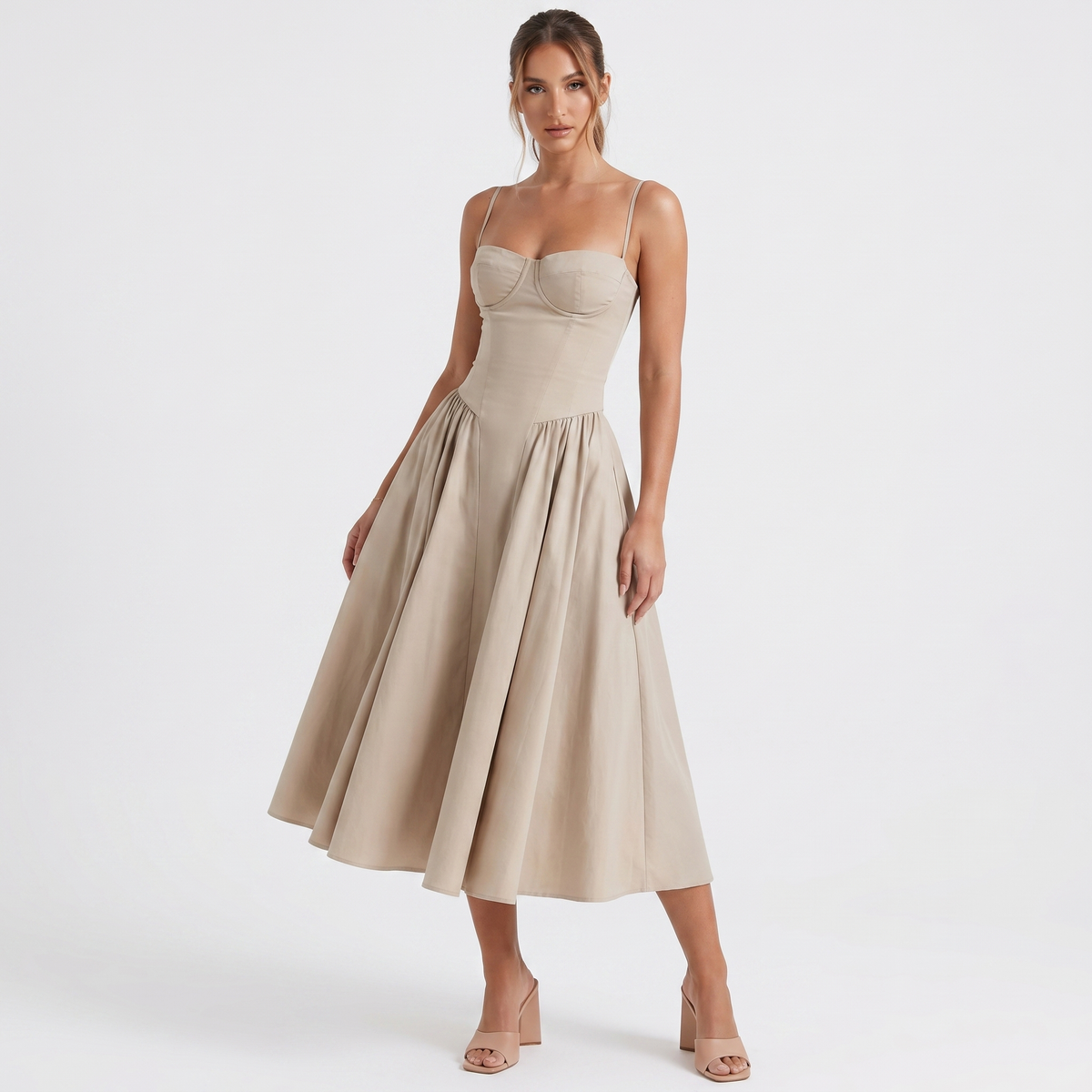 Women's Bustier Corset Midi Dress Spaghetti Strap Full Skirt A-Line