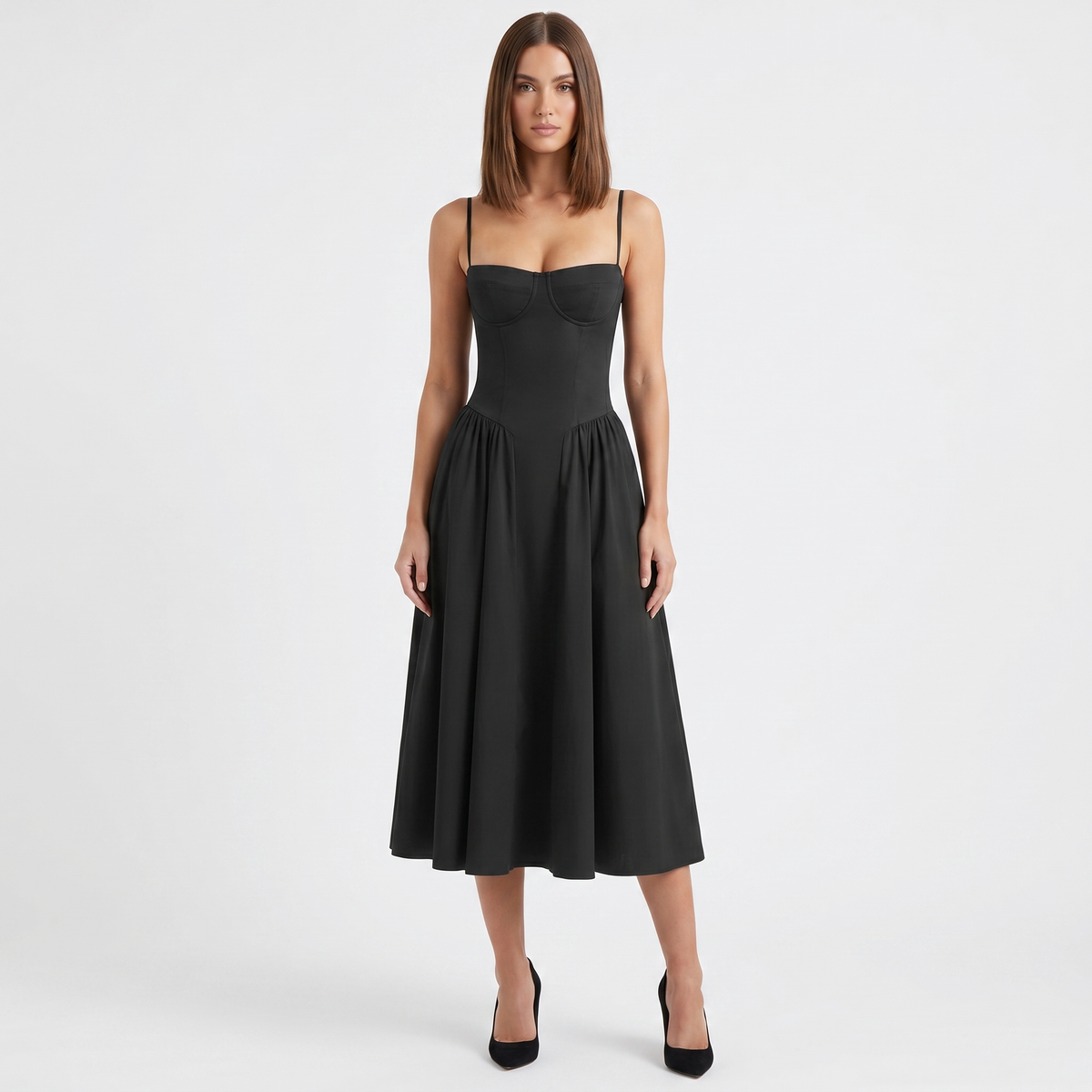 Women's Bustier Corset Midi Dress Spaghetti Strap Full Skirt A-Line