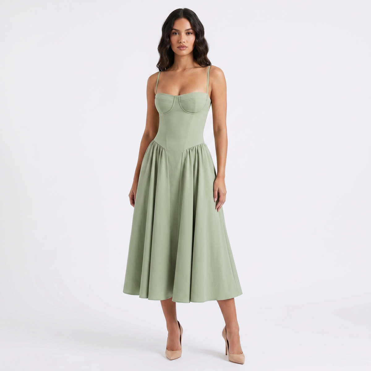 Women's Bustier Corset Midi Dress Spaghetti Strap Full Skirt A-Line