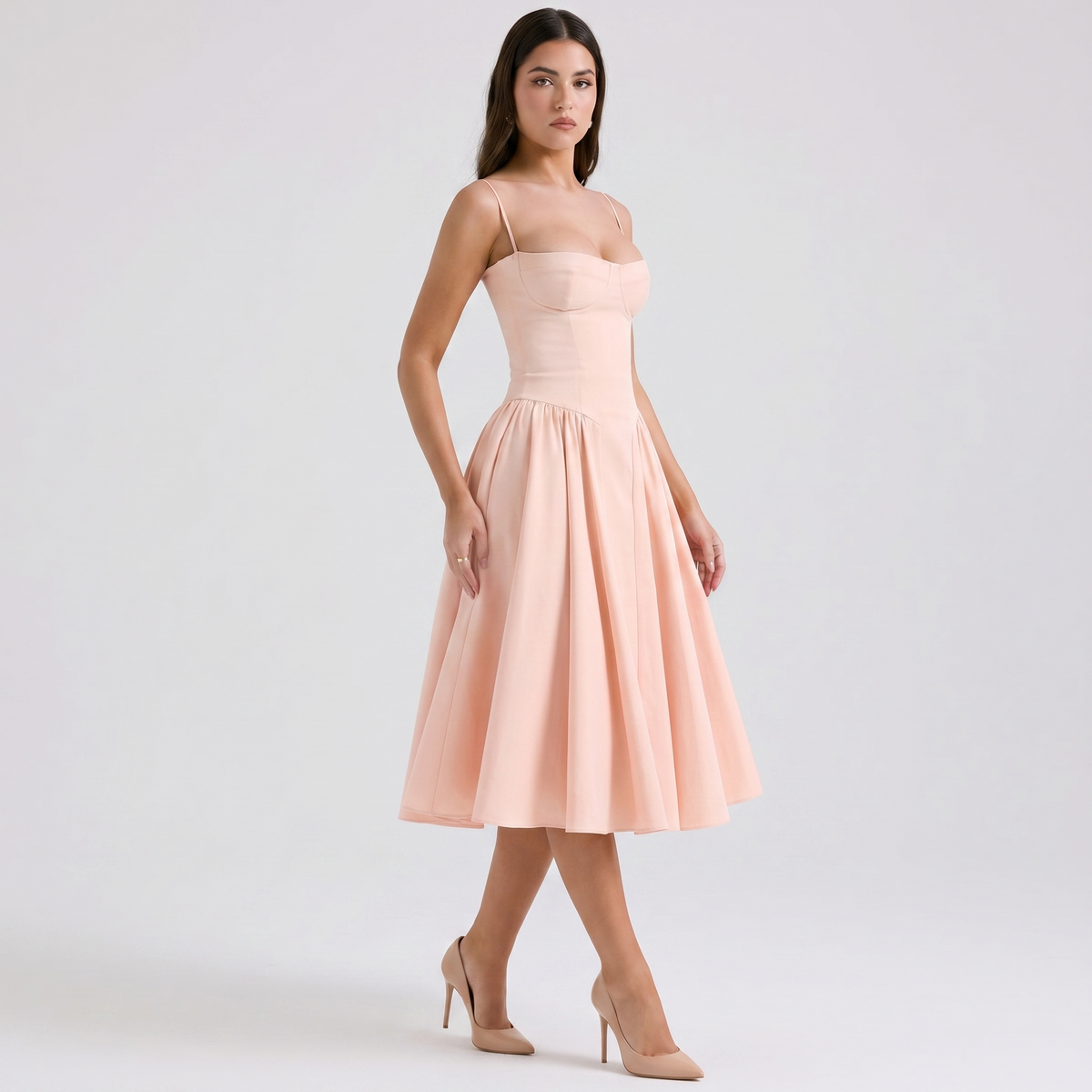 Women's Bustier Corset Midi Dress Spaghetti Strap Full Skirt A-Line