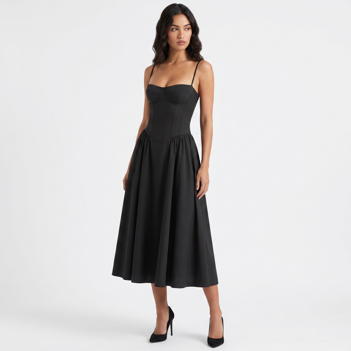 Women's Bustier Corset Midi Dress Spaghetti Strap Full Skirt A-Line