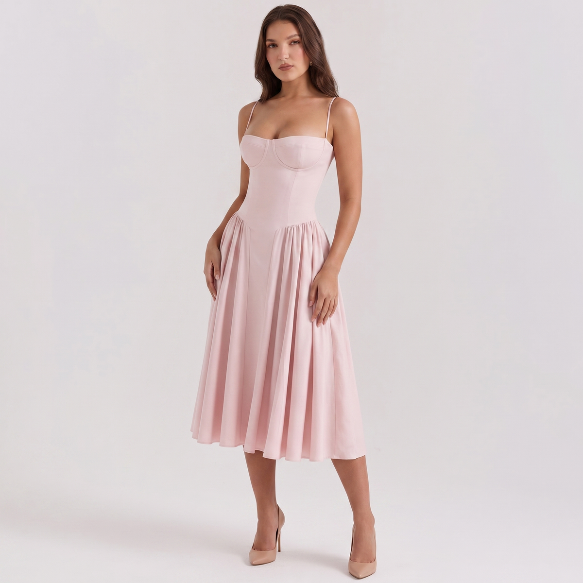 Women's Bustier Corset Midi Dress Spaghetti Strap Full Skirt A-Line