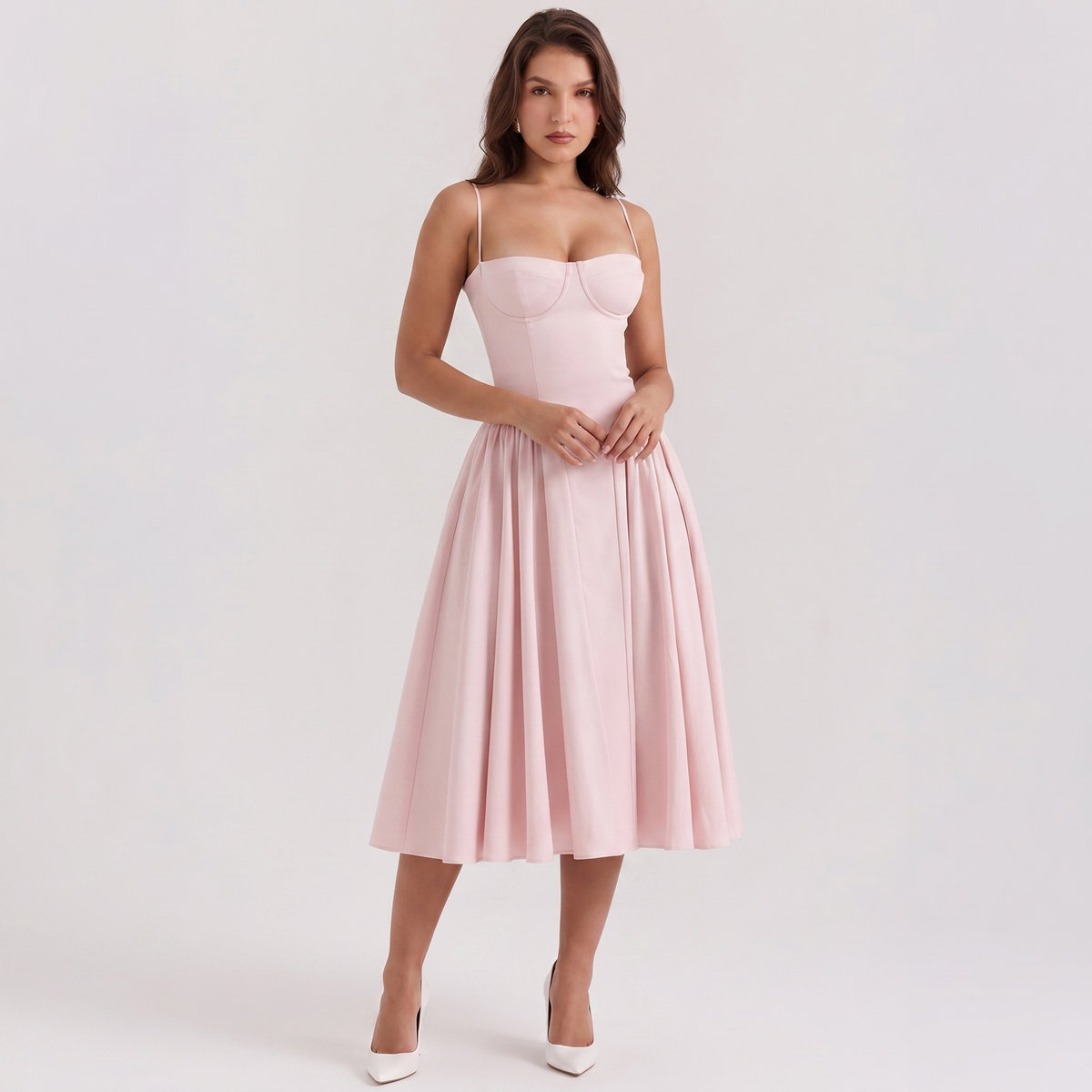 Women's Bustier Corset Midi Dress Spaghetti Strap Full Skirt A-Line