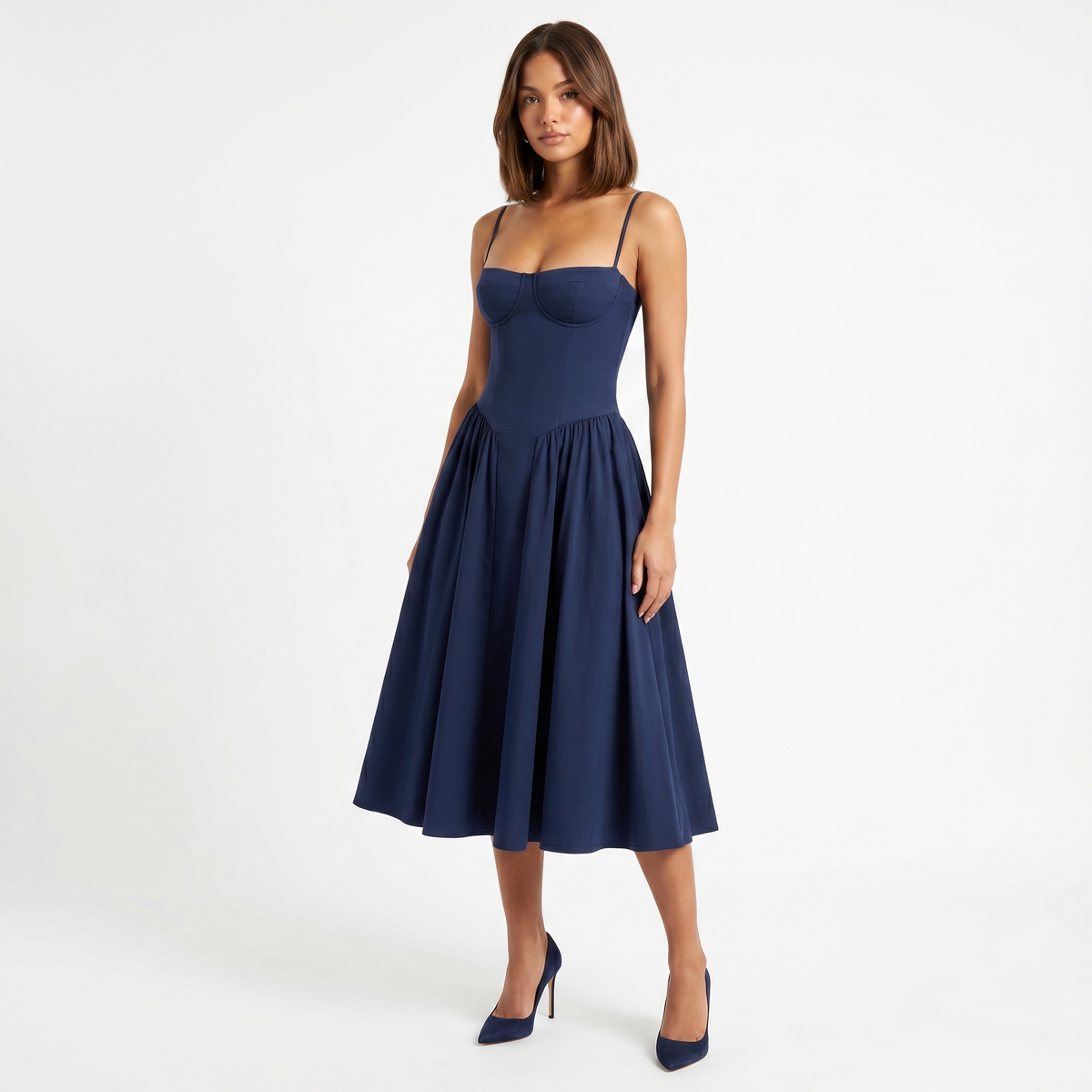 Women's Bustier Corset Midi Dress Spaghetti Strap Full Skirt A-Line