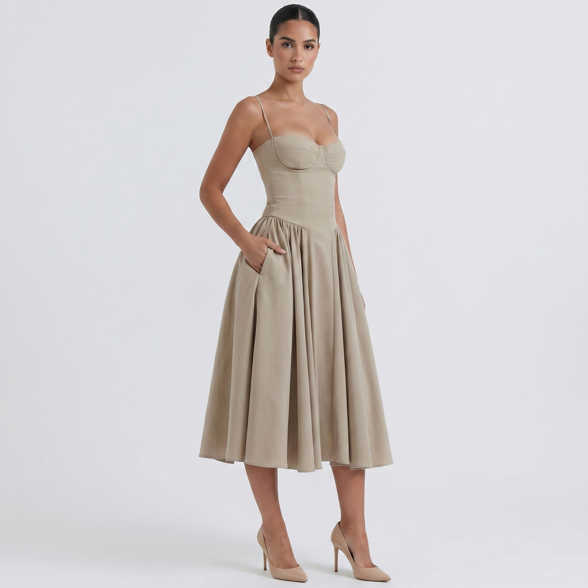 Women's Bustier Corset Midi Dress Spaghetti Strap Full Skirt A-Line