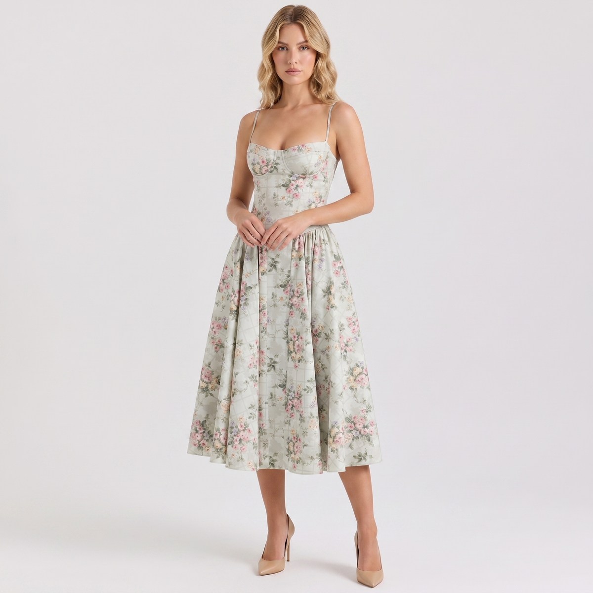Women's Bustier Corset Midi Dress Spaghetti Strap Full Skirt A-Line