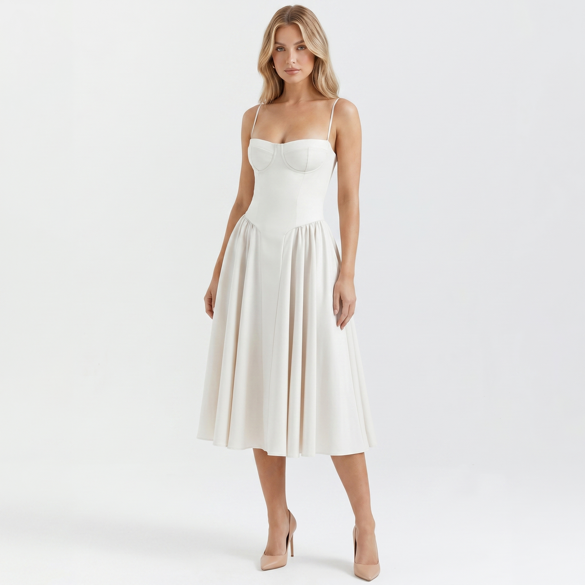 Women's Bustier Corset Midi Dress Spaghetti Strap Full Skirt A-Line