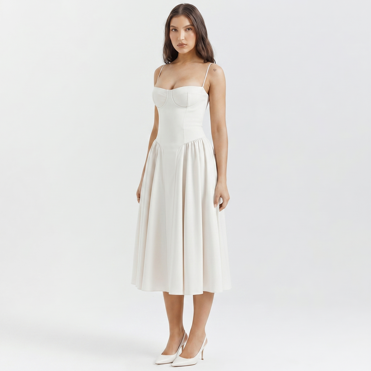 Women's Bustier Corset Midi Dress Spaghetti Strap Full Skirt A-Line
