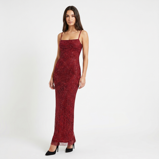 Women's Sequin Fishnet Mesh Maxi Dress Square Neck Sleeveless Bodycon
