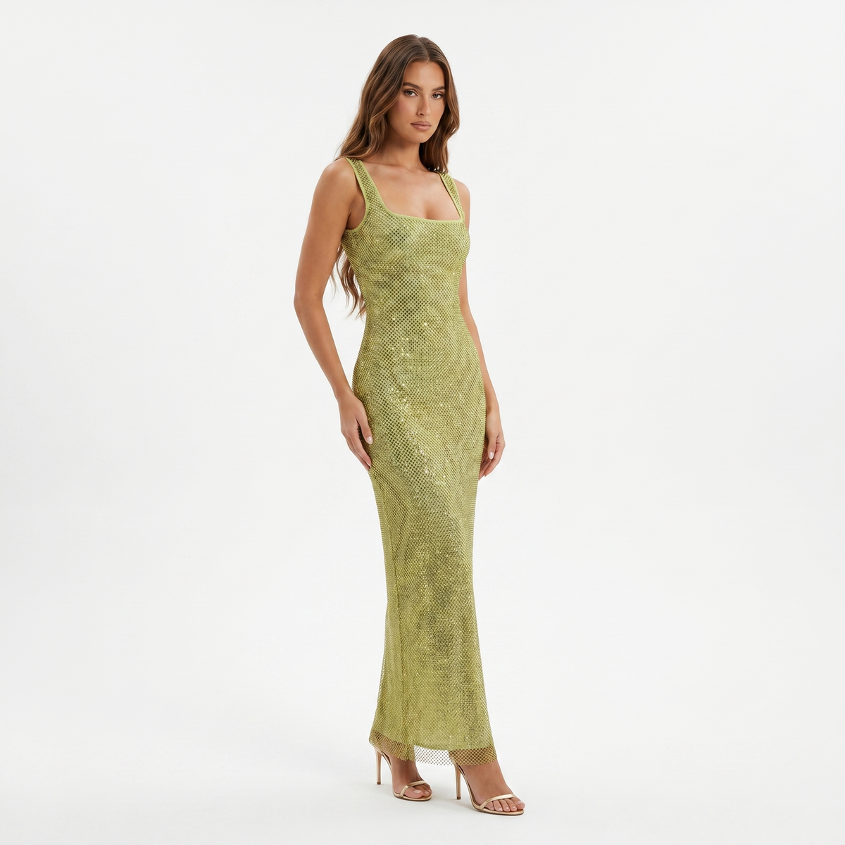 Women's Sequin Fishnet Mesh Maxi Dress Square Neck Sleeveless Bodycon