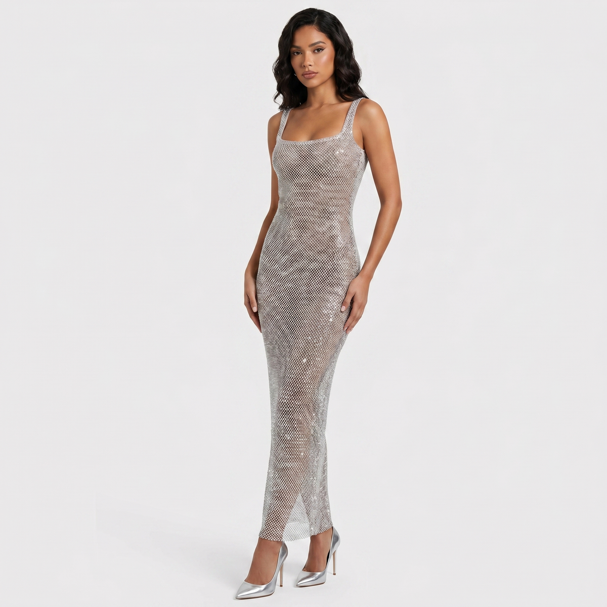 Women's Sequin Fishnet Mesh Maxi Dress Square Neck Sleeveless Bodycon