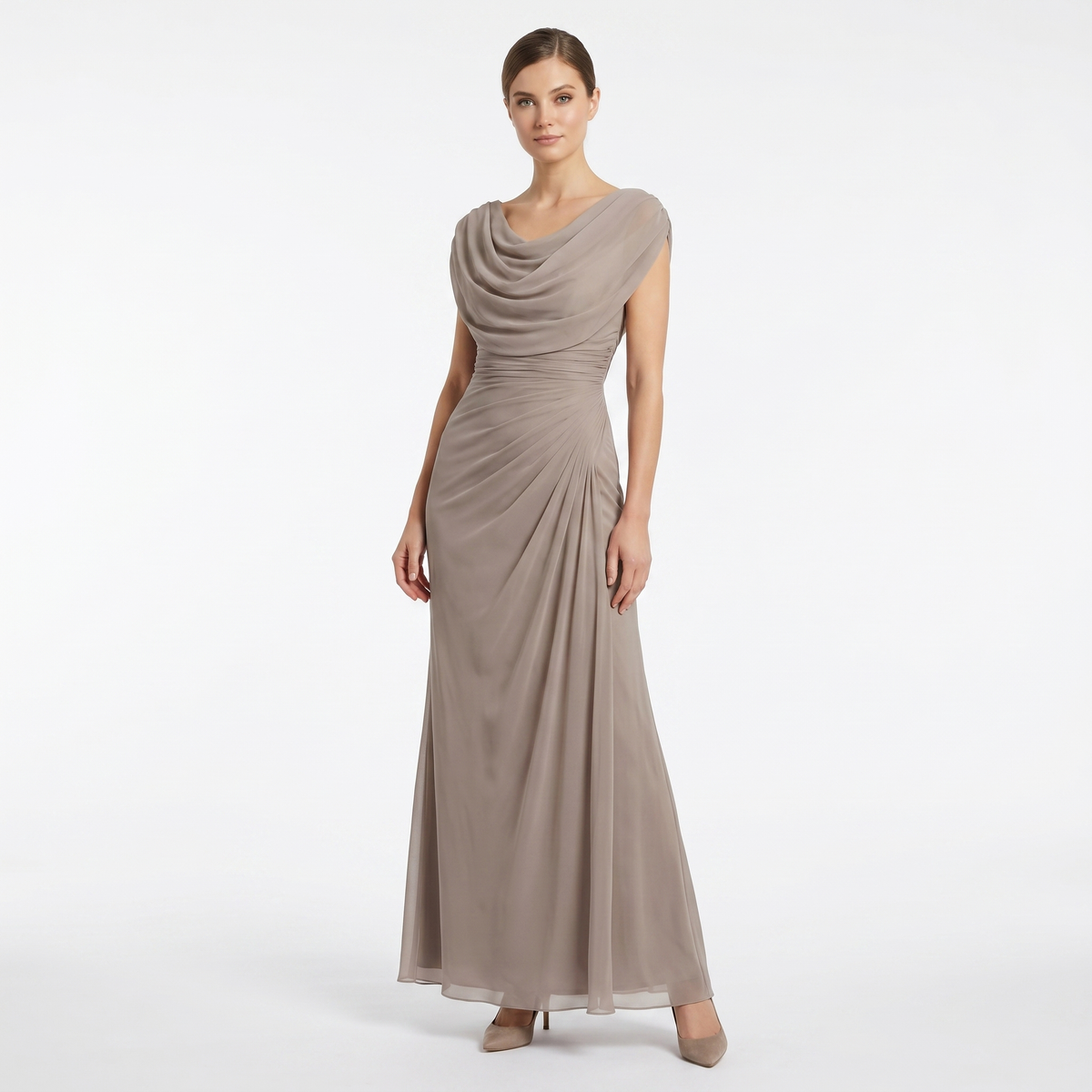 Women's Cowl Neck Ruched Chiffon Maxi Dress Cap Sleeve Draped Formal Evening Gown