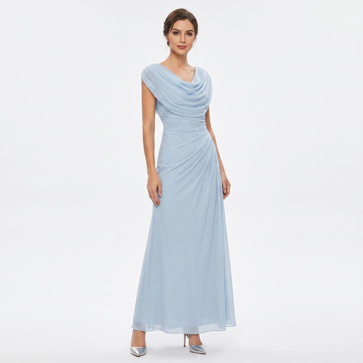 Women's Cowl Neck Ruched Chiffon Maxi Dress Cap Sleeve Draped Formal Evening Gown