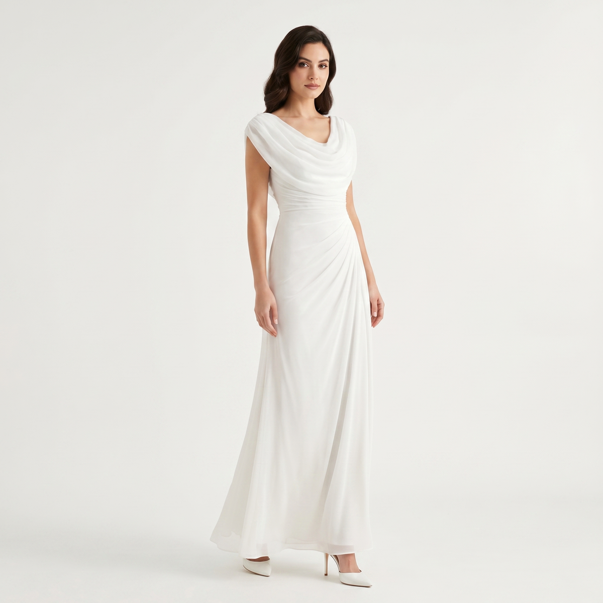 Women's Cowl Neck Ruched Chiffon Maxi Dress Cap Sleeve Draped Formal Evening Gown