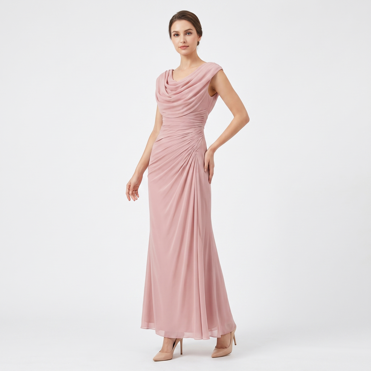 Women's Cowl Neck Ruched Chiffon Maxi Dress Cap Sleeve Draped Formal Evening Gown